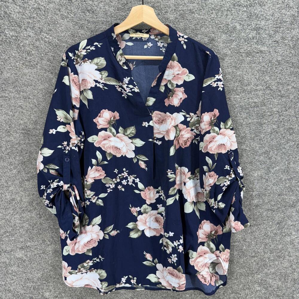 Timeson Blouse Women XL Blue Floral V-Neck 3/4 Sleeve Pullover Casual Comfort